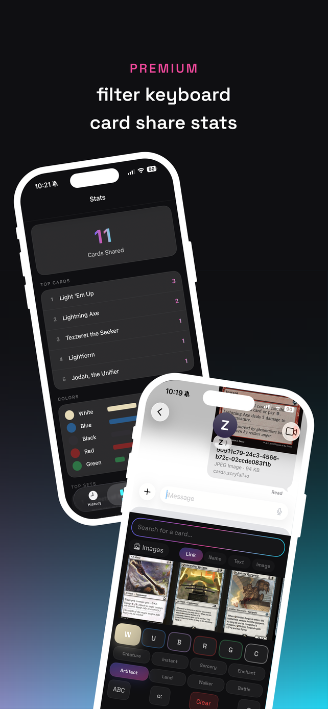 App Store screenshot: Premium filter keyboard and card share stats, showing 11 cards shared with Light 'Em Up on top, and the filter keyboard's mana and type buttons