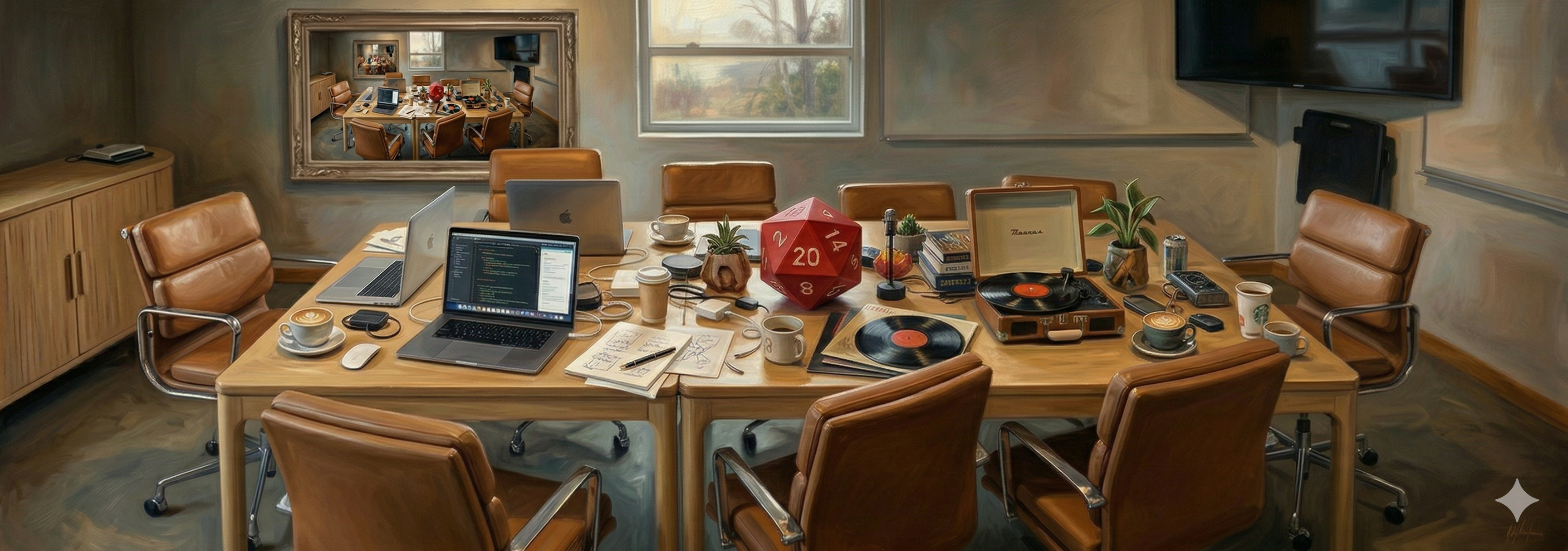 Illustration of the Coach House conference table — laptops, coffee mugs, a red d20, and a record player