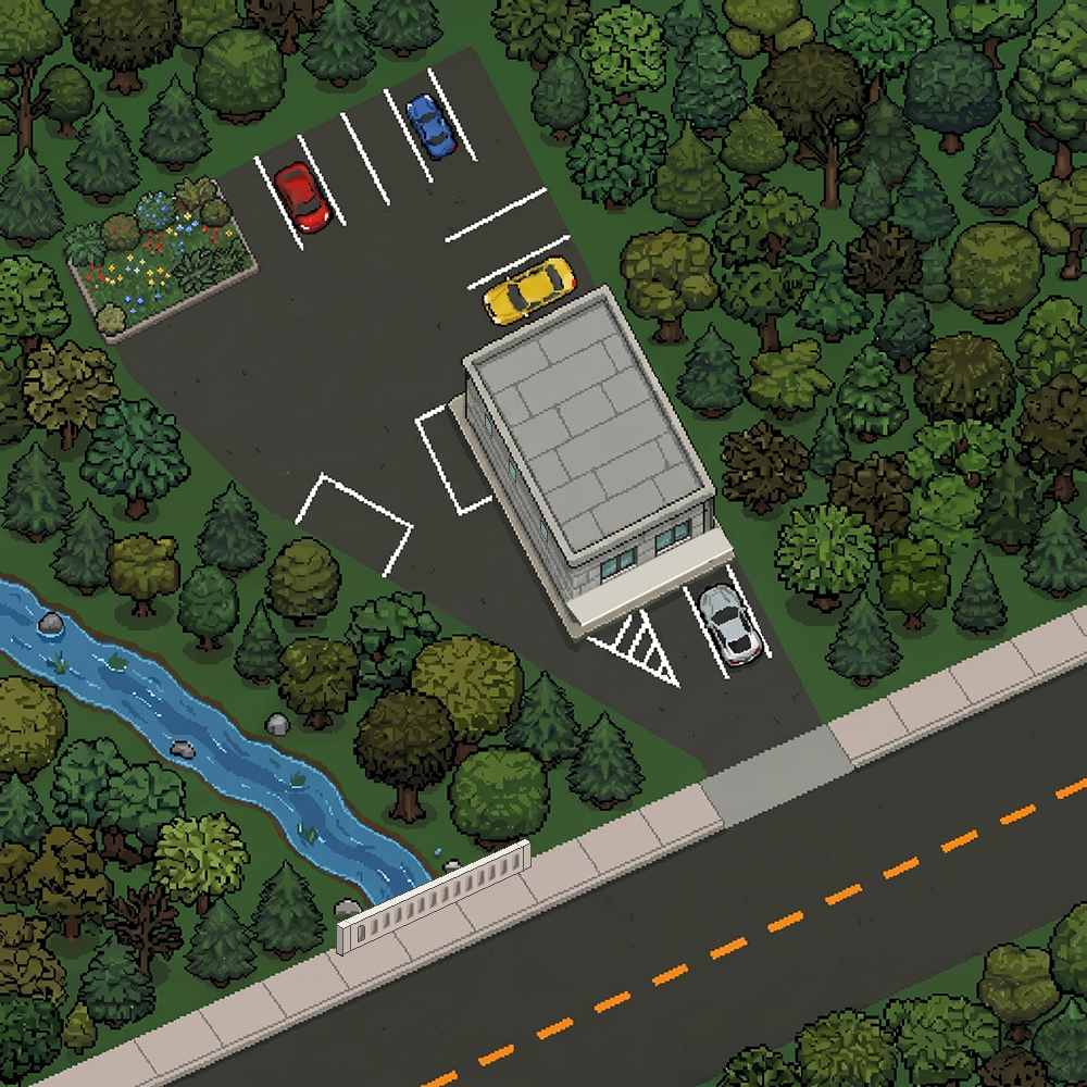 Overhead map showing the parking lot